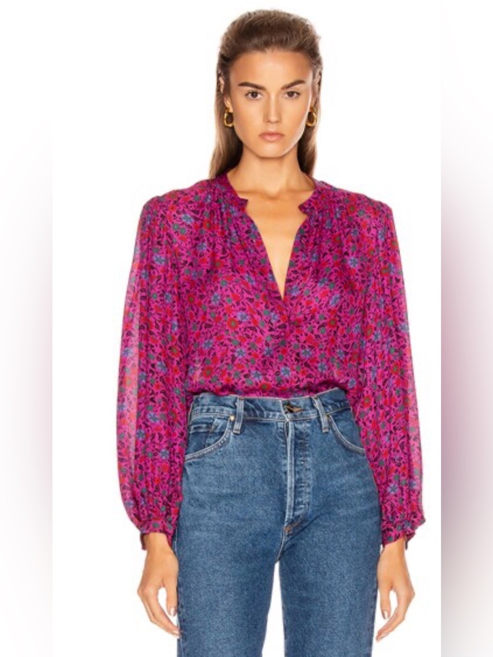 Veronica Beard Fuchsia Floral V-Neck Blouse